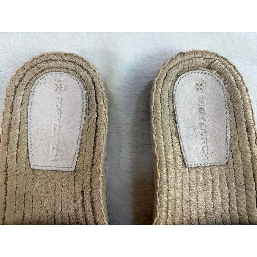 Tory Burch Beige Woven Ribbon Logo Espadrille Slide Sandals Womens 7 Excellent